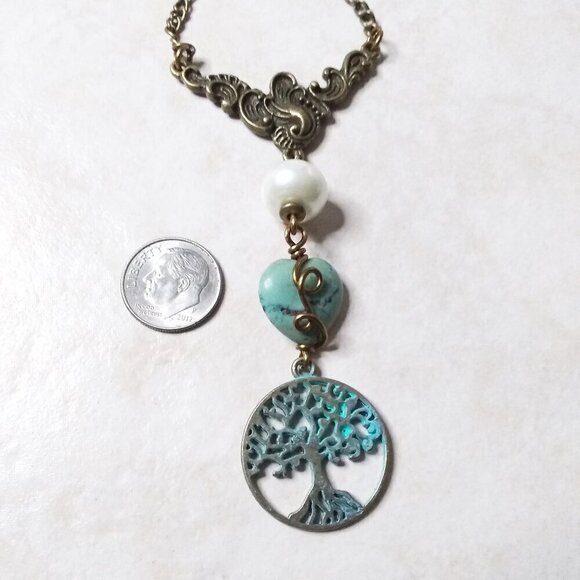 Ultra Feminine Tree of Life "Y" Necklace! African Turquoise Heart + Patina Paint - Picture 3 of 11